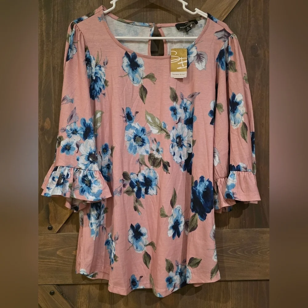 Suzanne Betro Floral Bell Sleeve Top Size Medium - Picture 1 of 6